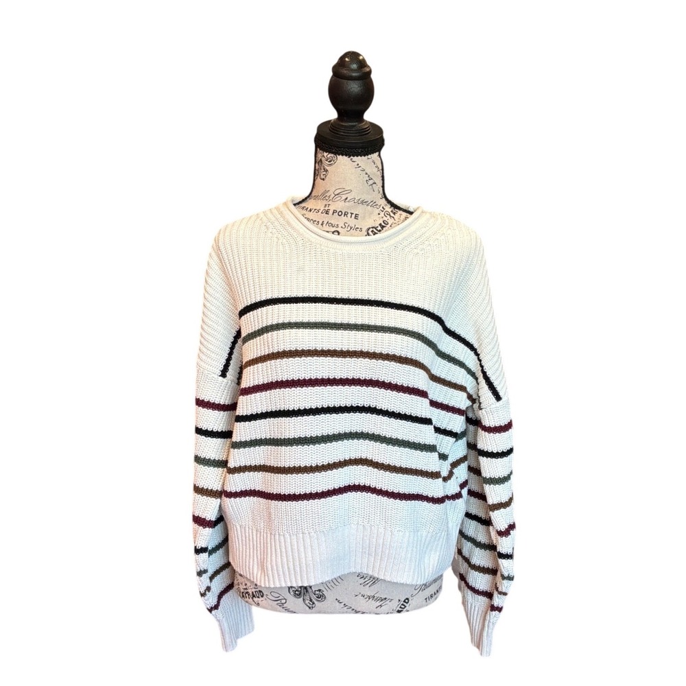 GAP Womens Shaker Stitch Striped Crewneck Sweater Cream Green‎ Medium